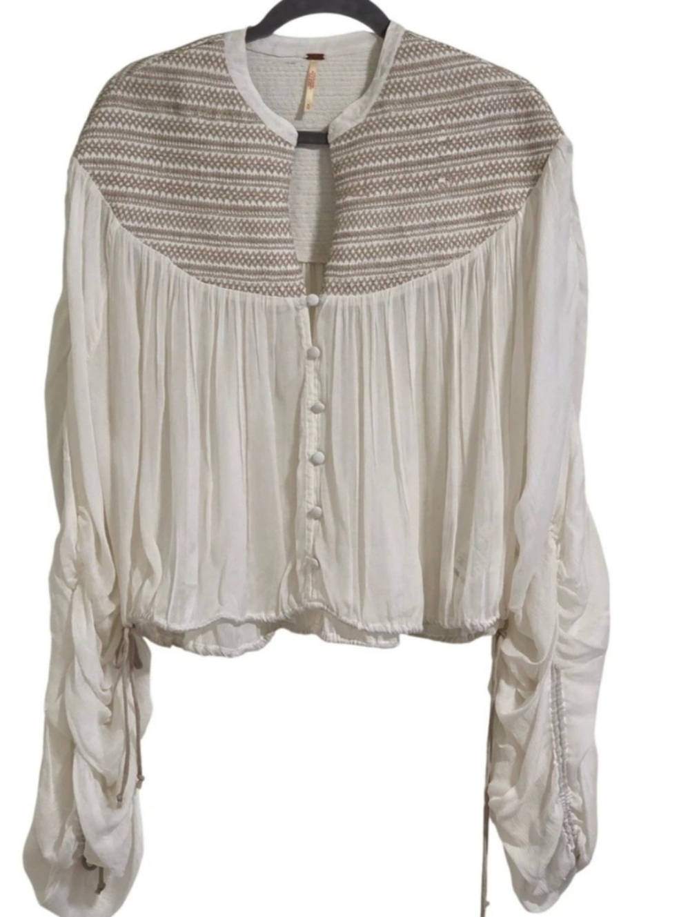 Free People Off White Draped Sleeve Button Front Embroidered Size Xs New WithTag